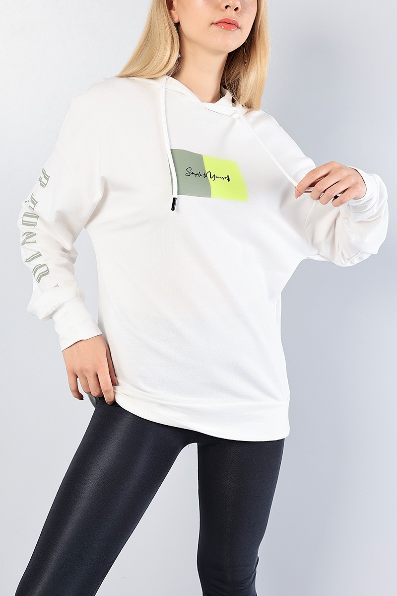 Beyaz Baskılı Bayan Kapüşonlu Sweat 81213