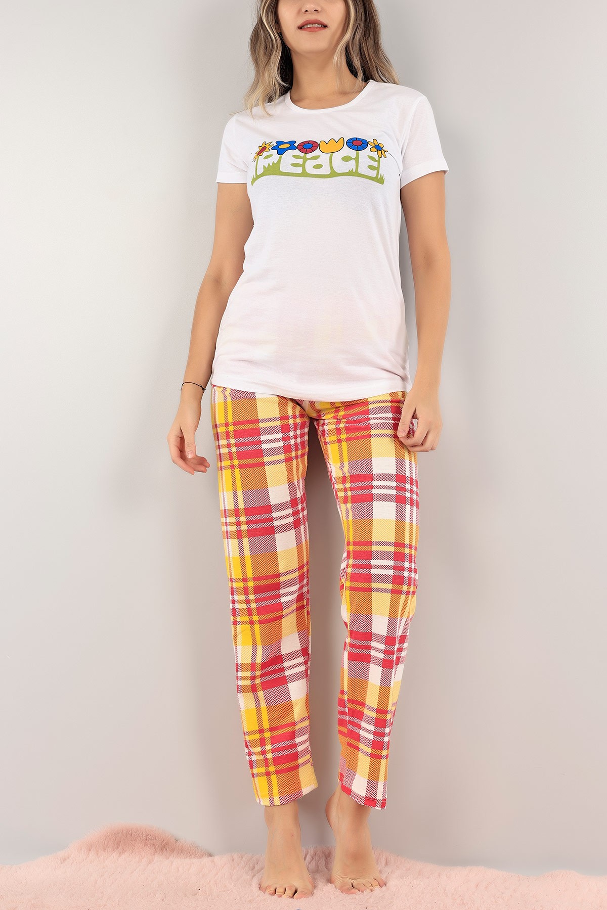 Beyaz Baskılı Bayan Pijama Takımı 123048