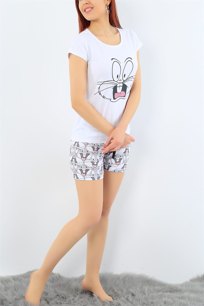 Beyaz Baskılı Bayan Pijama Takımı 31319