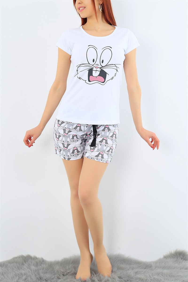 Beyaz Baskılı Bayan Pijama Takımı 31319