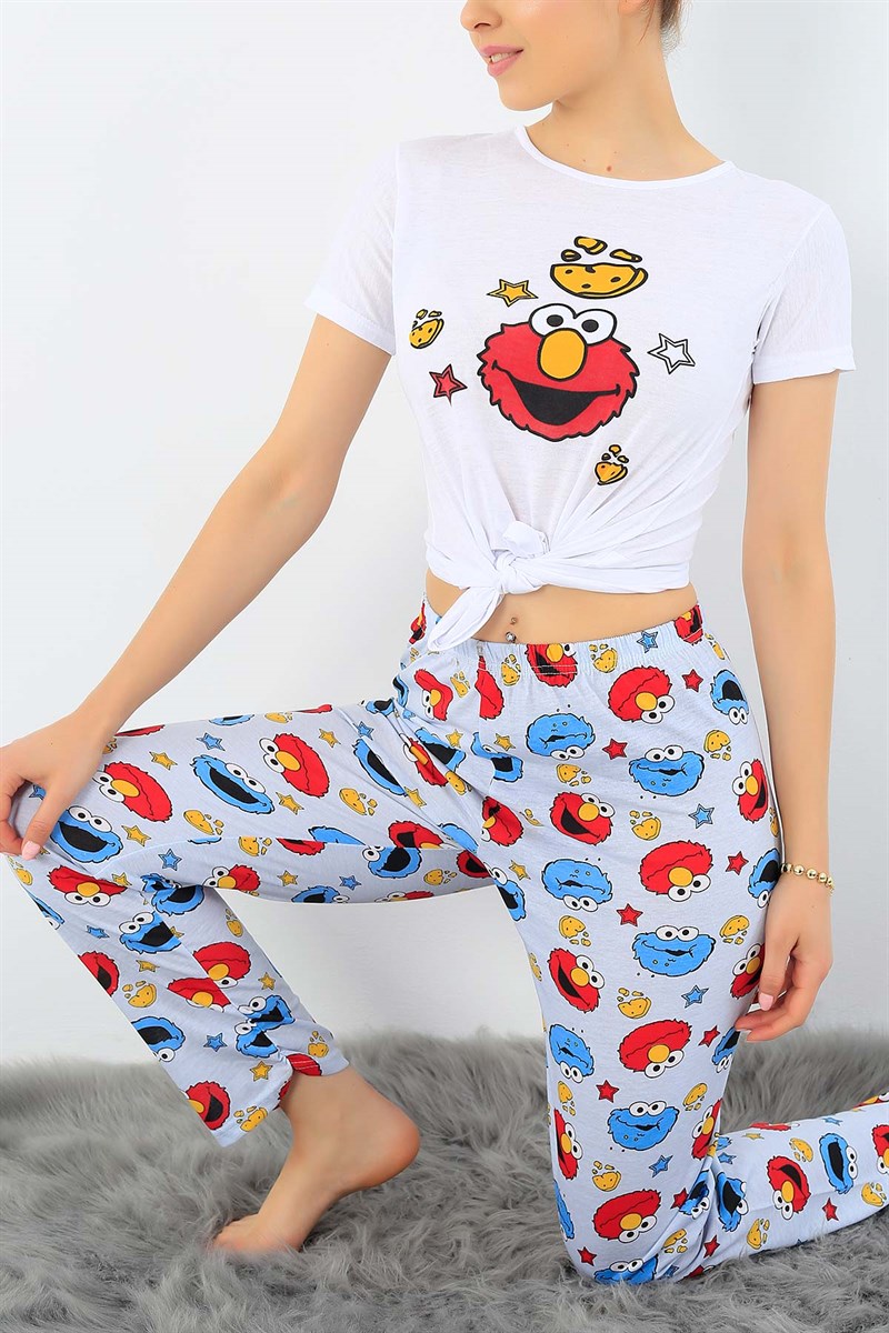 Beyaz Baskılı Bayan Pijama Takımı 33402