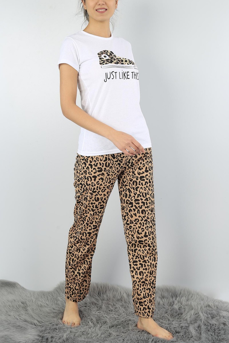 Beyaz Baskılı Bayan Pijama Takımı 52033