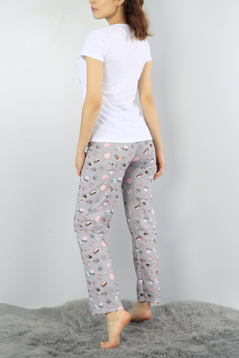 Beyaz Baskılı Bayan Pijama Takımı 52098