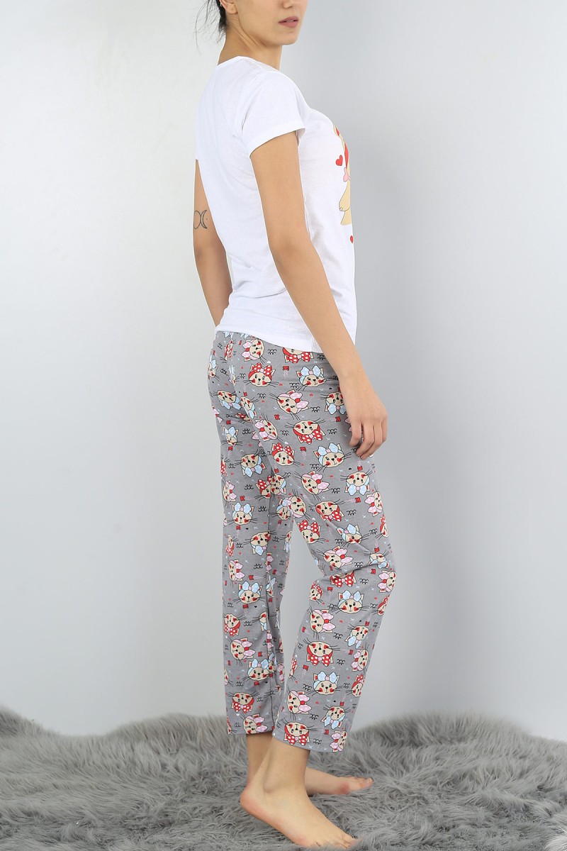 Beyaz Baskılı Bayan Pijama Takımı 52130