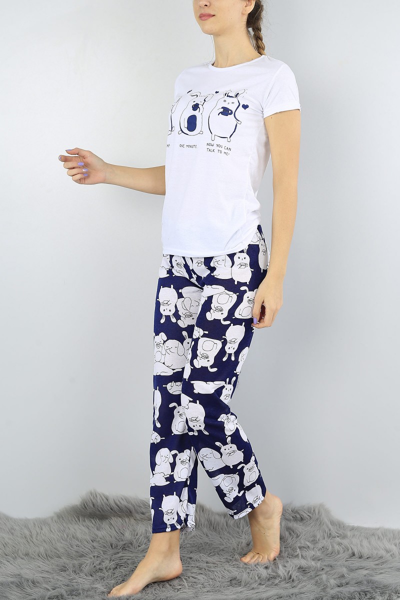 Beyaz Baskılı Bayan Pijama Takımı 52144