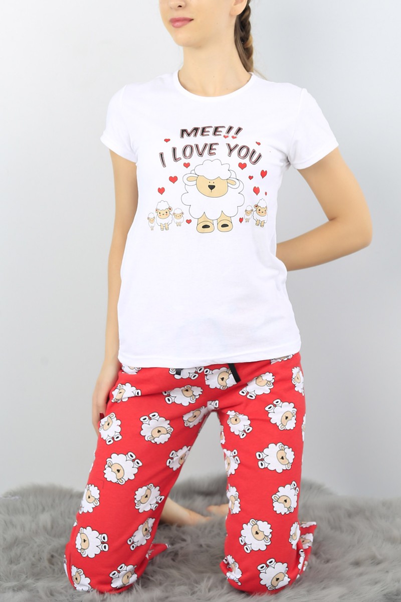 Beyaz Baskılı Bayan Pijama Takımı 52265