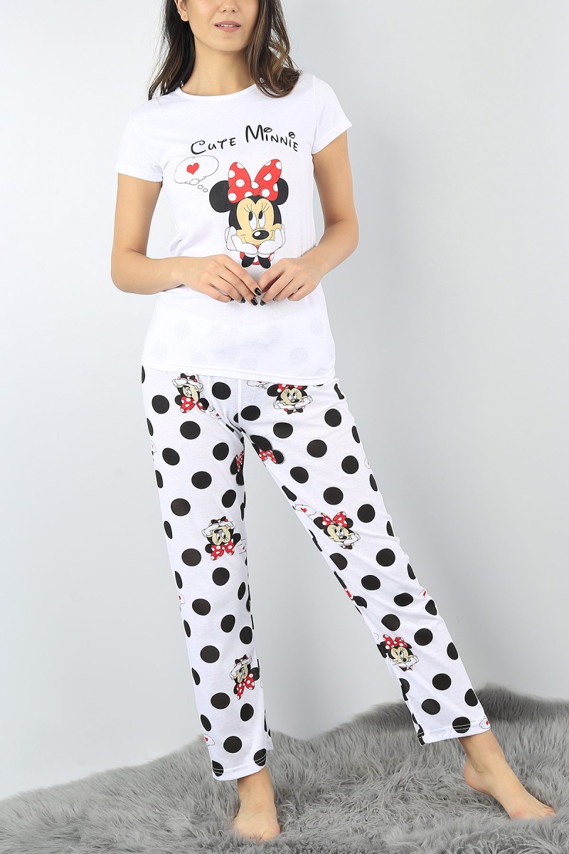 Beyaz Baskılı Bayan Pijama Takımı 52268
