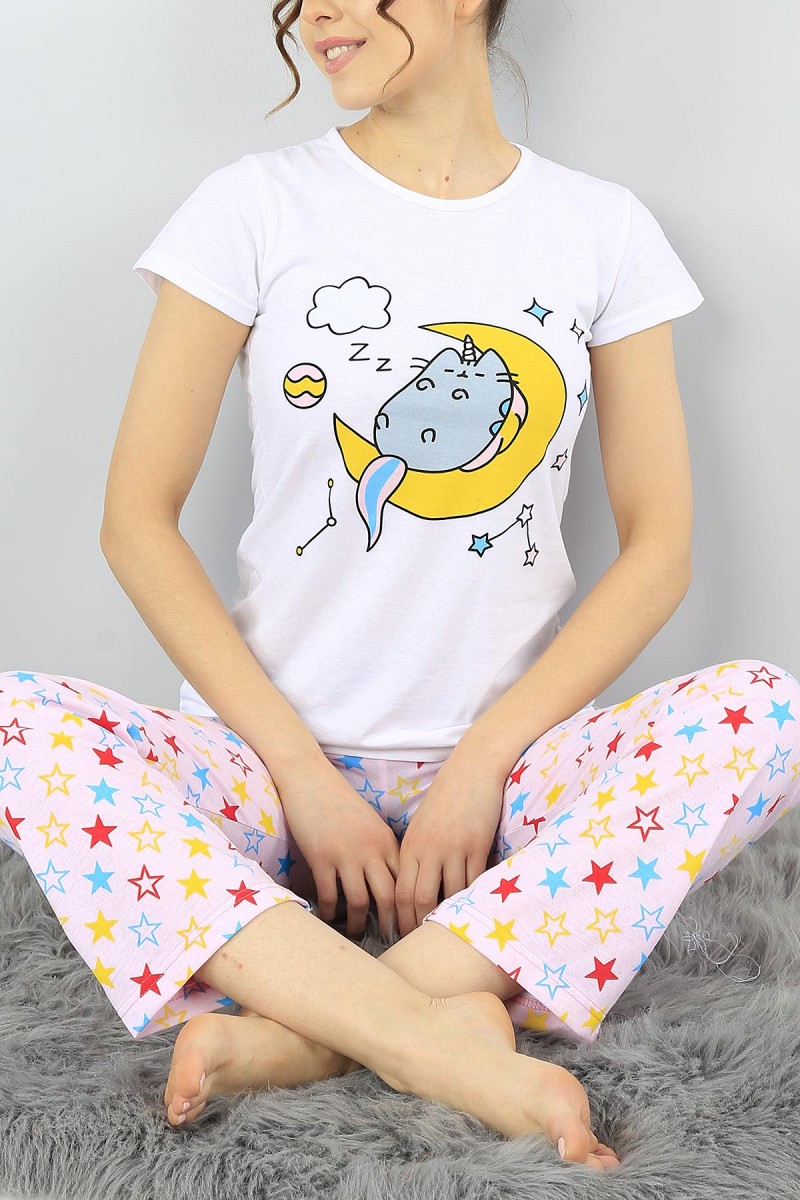Beyaz Baskılı Bayan Pijama Takımı 52278