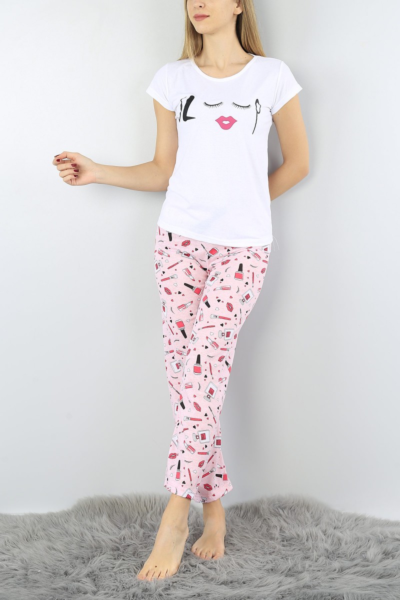 Beyaz Baskılı Bayan Pijama Takımı 52304