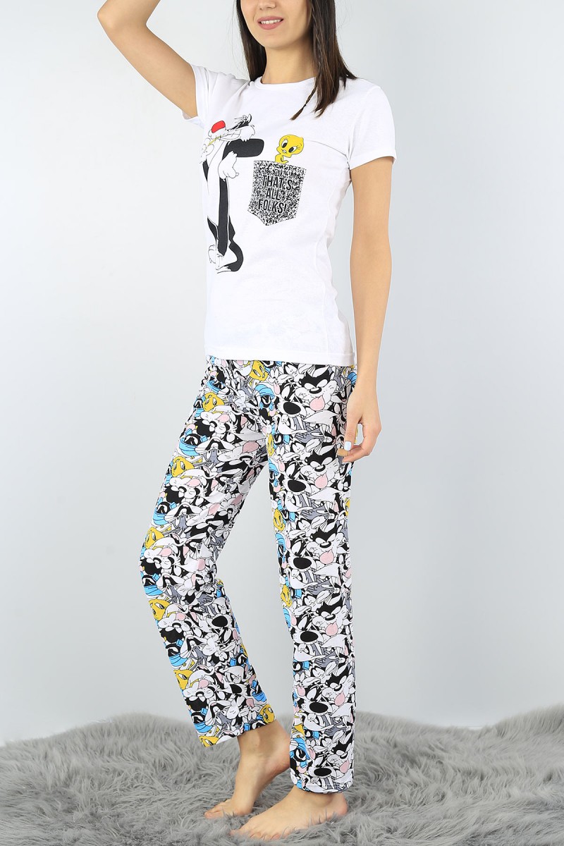 Beyaz Baskılı Bayan Pijama Takımı 52340