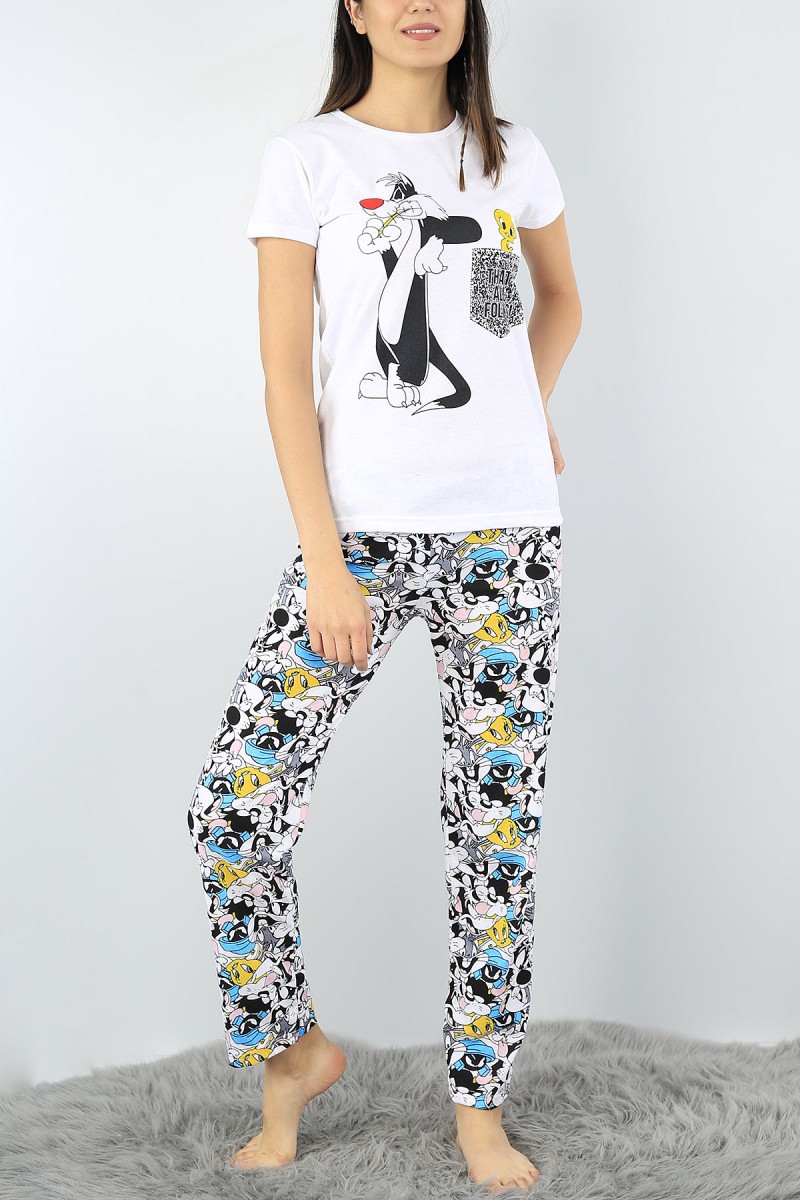 Beyaz Baskılı Bayan Pijama Takımı 52340