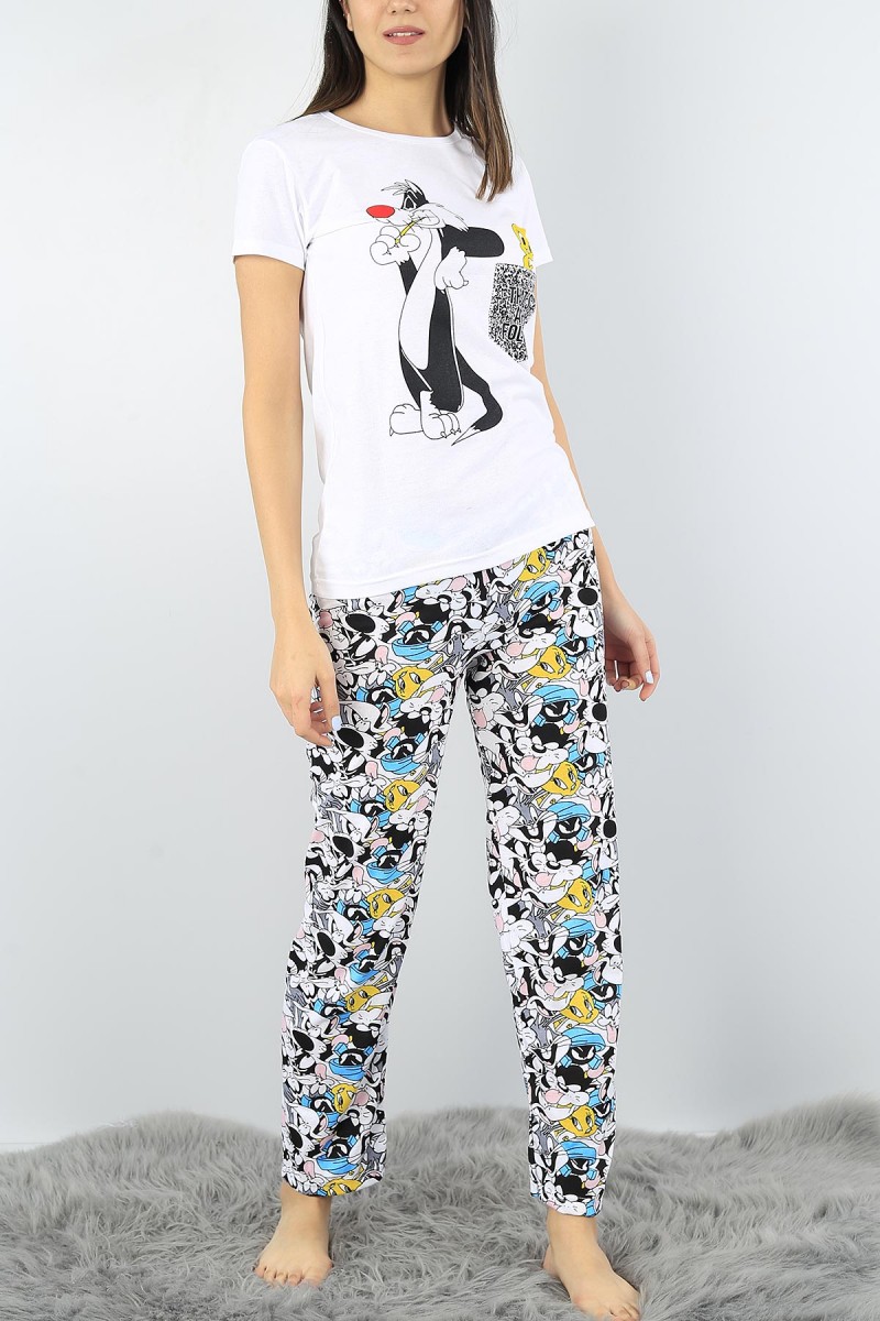 Beyaz Baskılı Bayan Pijama Takımı 52340