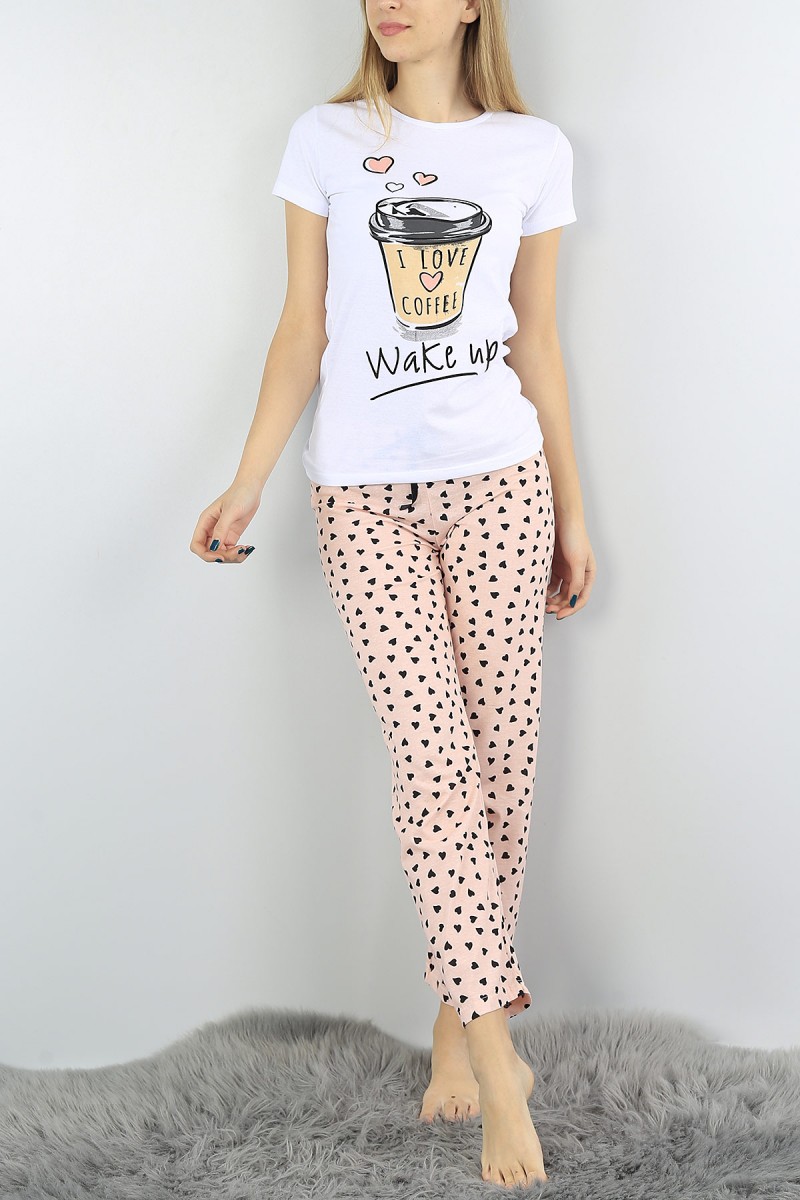 Beyaz Baskılı Bayan Pijama Takımı 54413