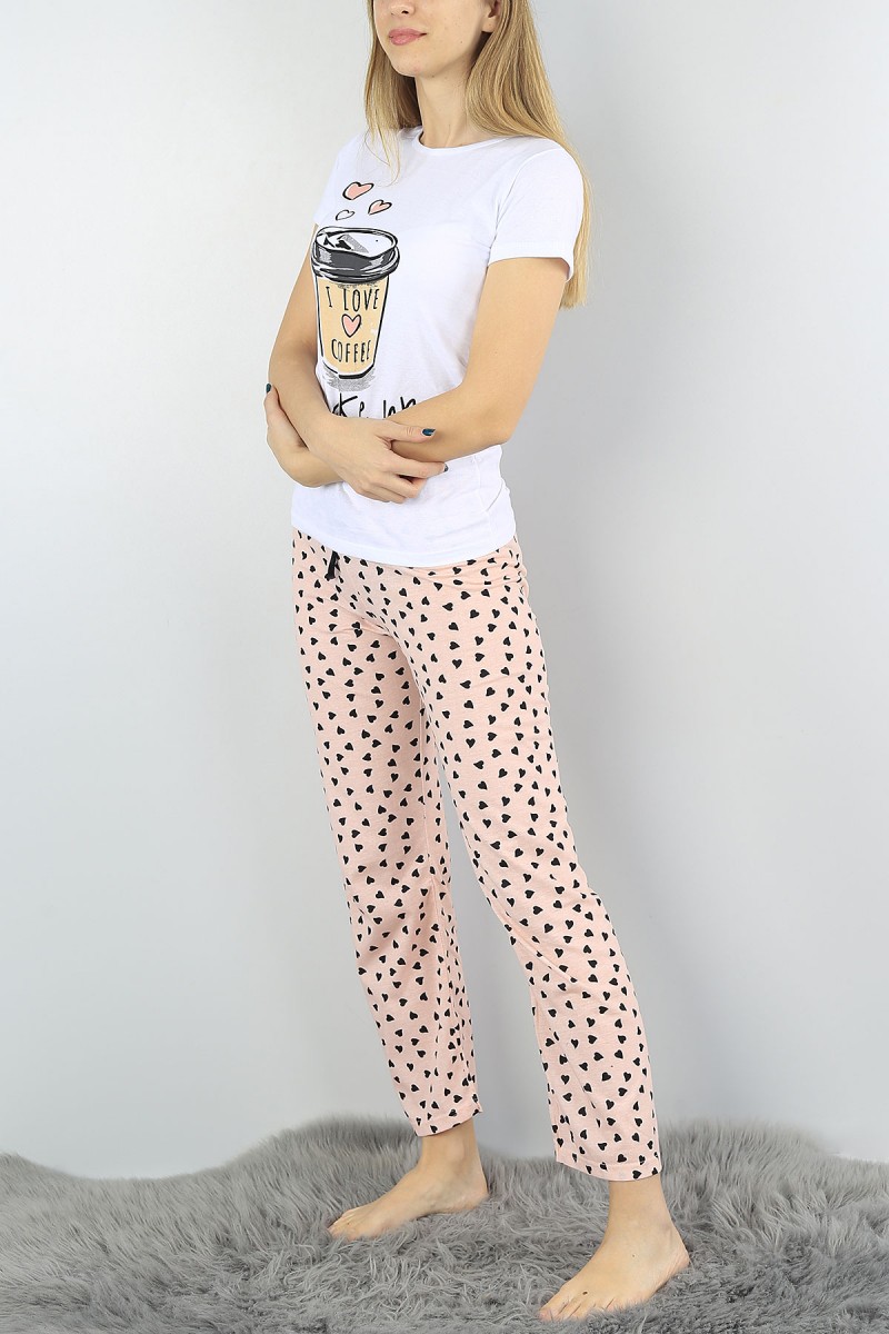 Beyaz Baskılı Bayan Pijama Takımı 54413