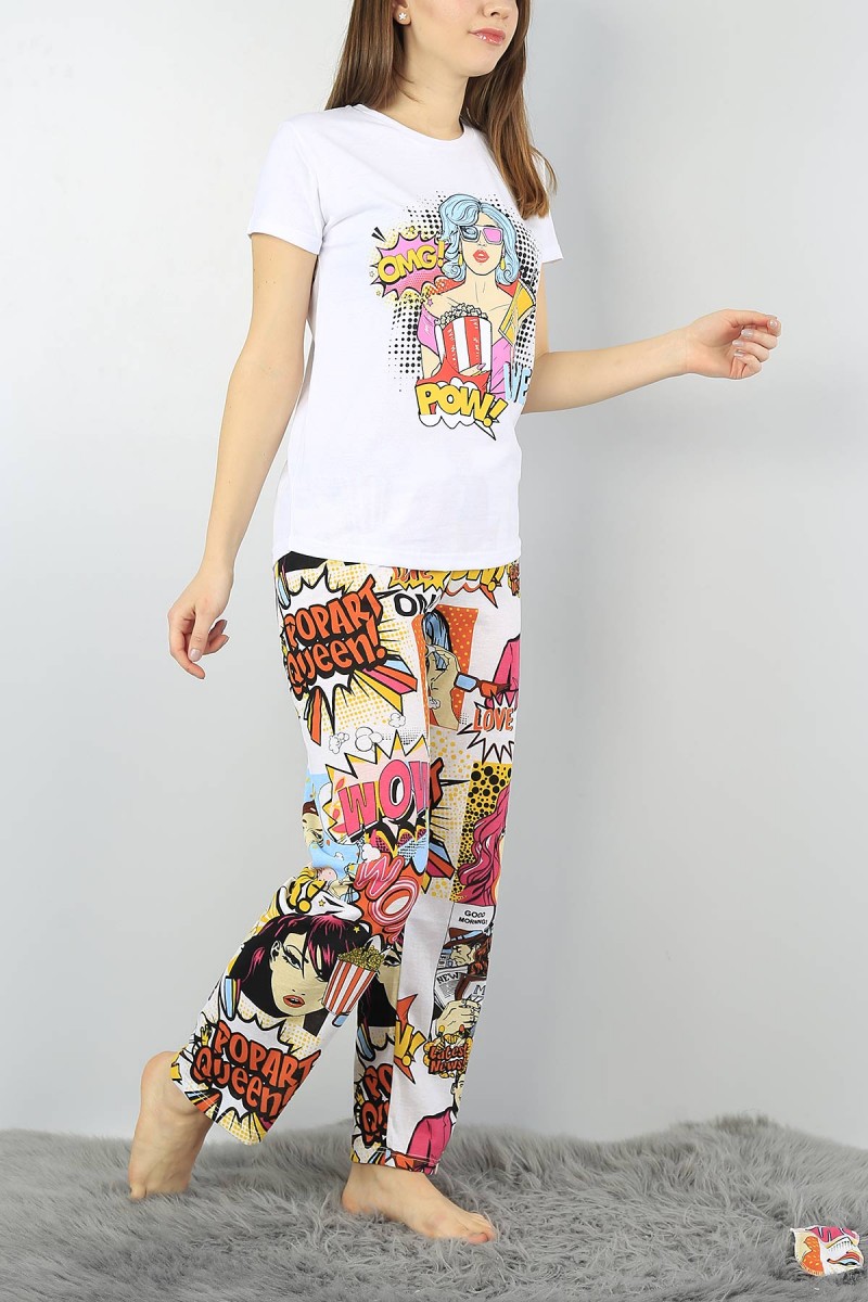 Beyaz Baskılı Bayan Pijama Takımı 56827