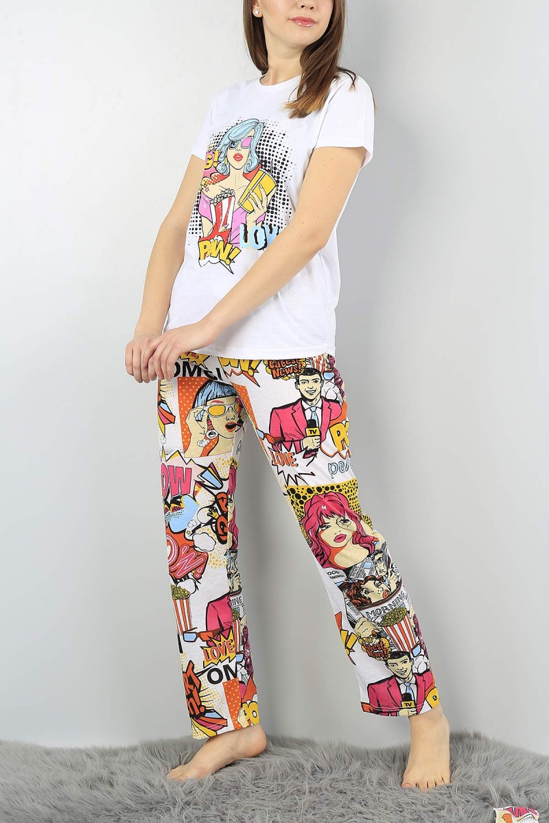 Beyaz Baskılı Bayan Pijama Takımı 56827