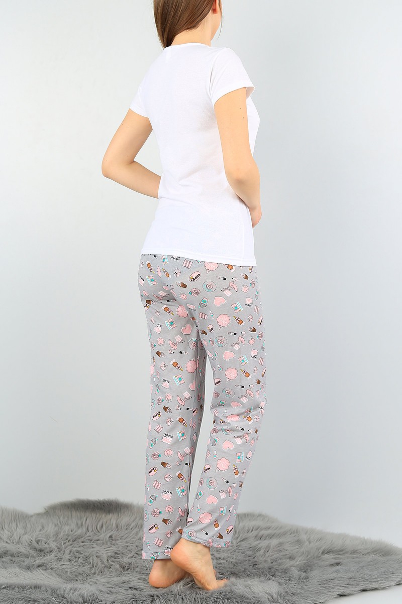 Beyaz Baskılı Bayan Pijama Takımı 58963