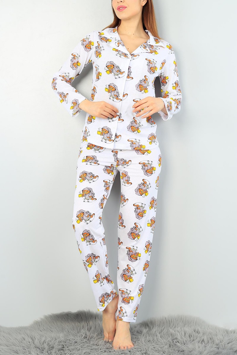 Beyaz Baskılı Bayan Pijama Takımı 61625