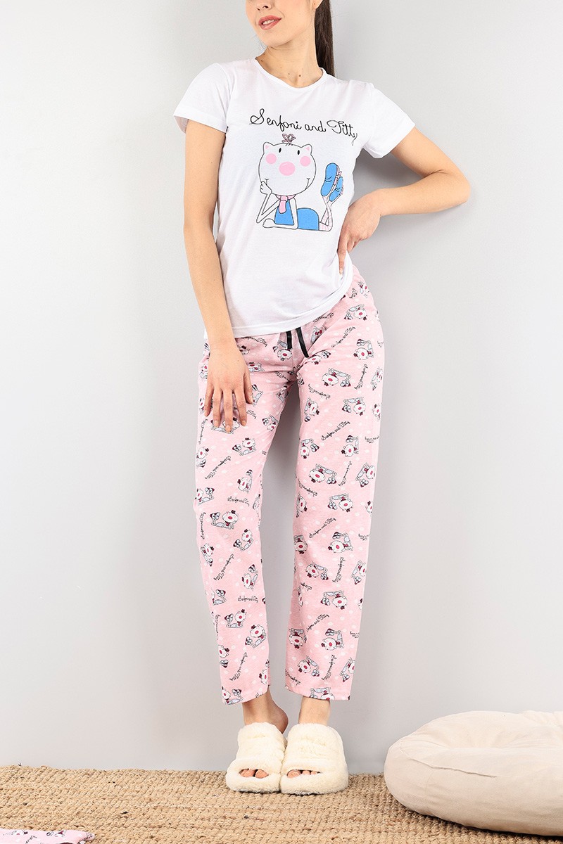 Beyaz Baskılı Bayan Pijama Takımı 92069