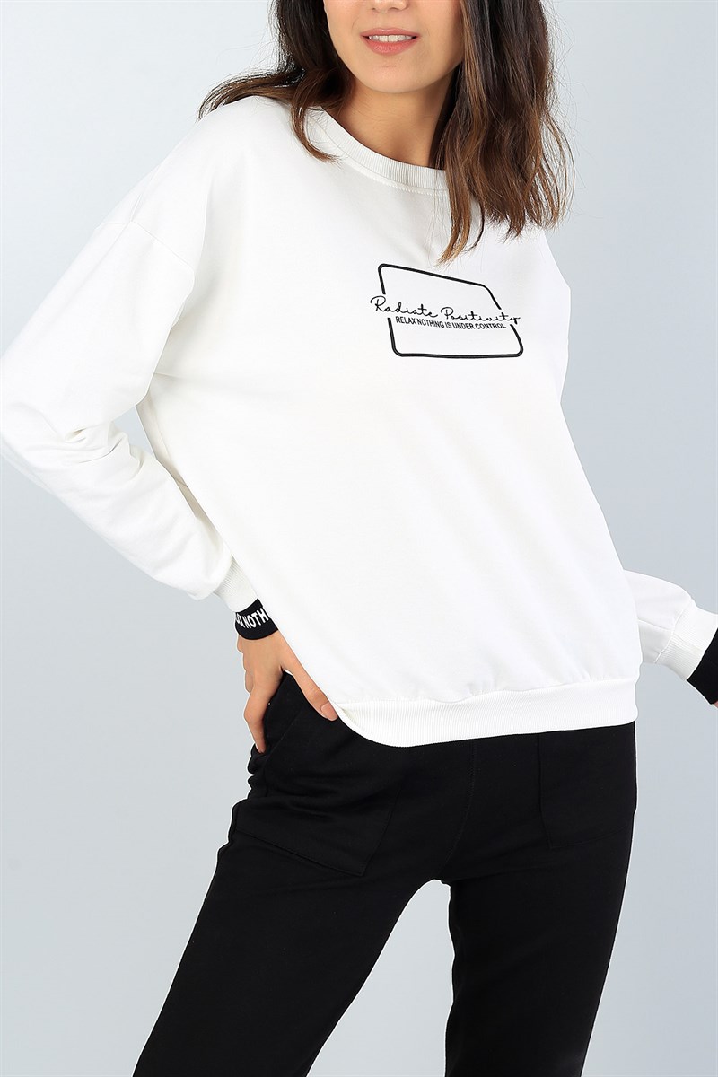 Beyaz Baskılı Bayan Sweat 39574
