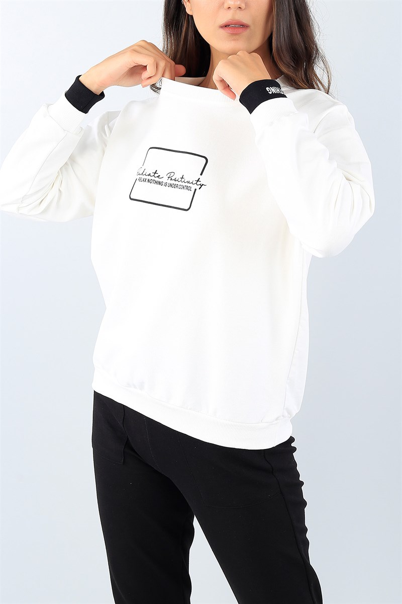 Beyaz Baskılı Bayan Sweat 39574