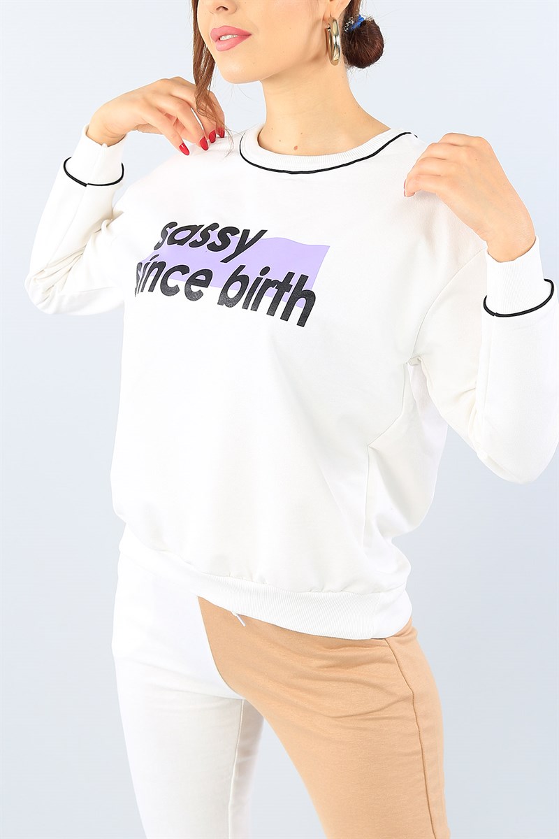 Beyaz Baskılı Bayan Sweat 39630