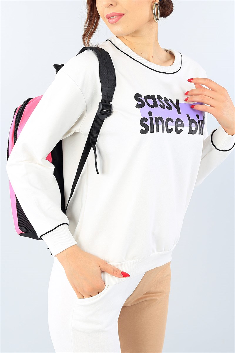 Beyaz Baskılı Bayan Sweat 39630
