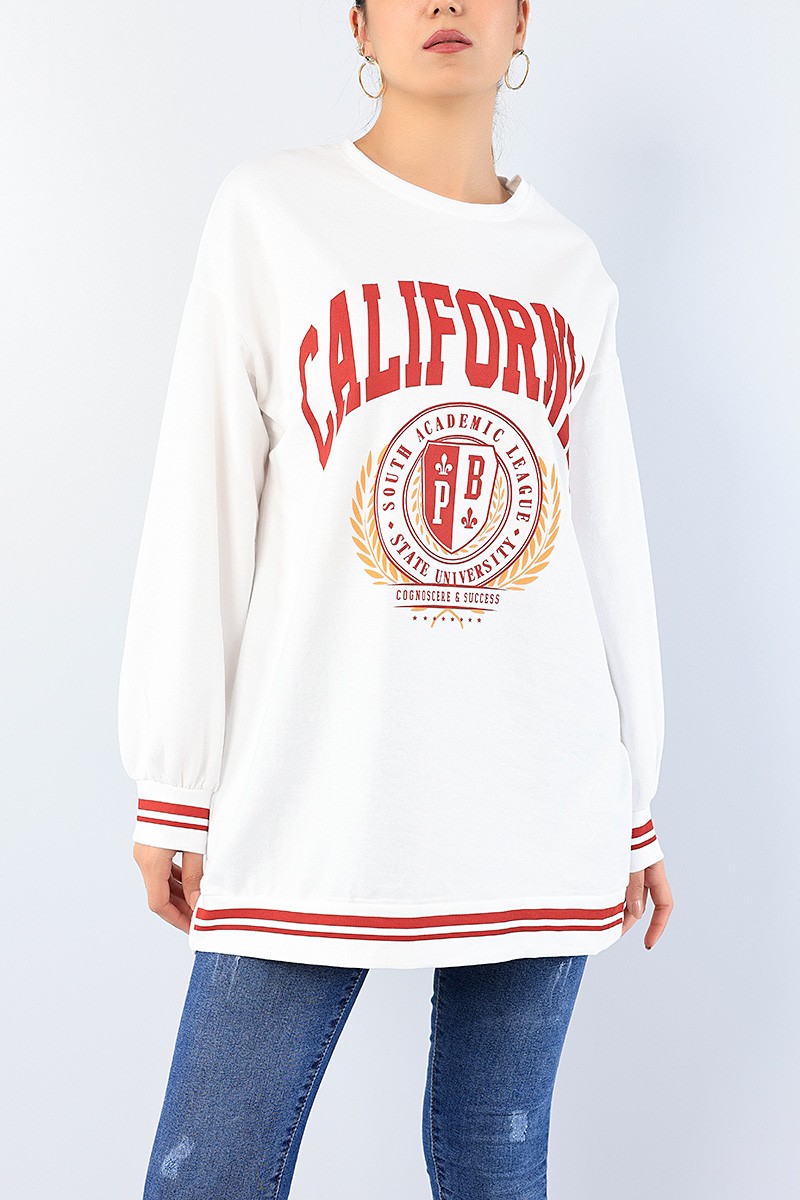 Beyaz Baskılı Bayan Sweat Tunik 75173