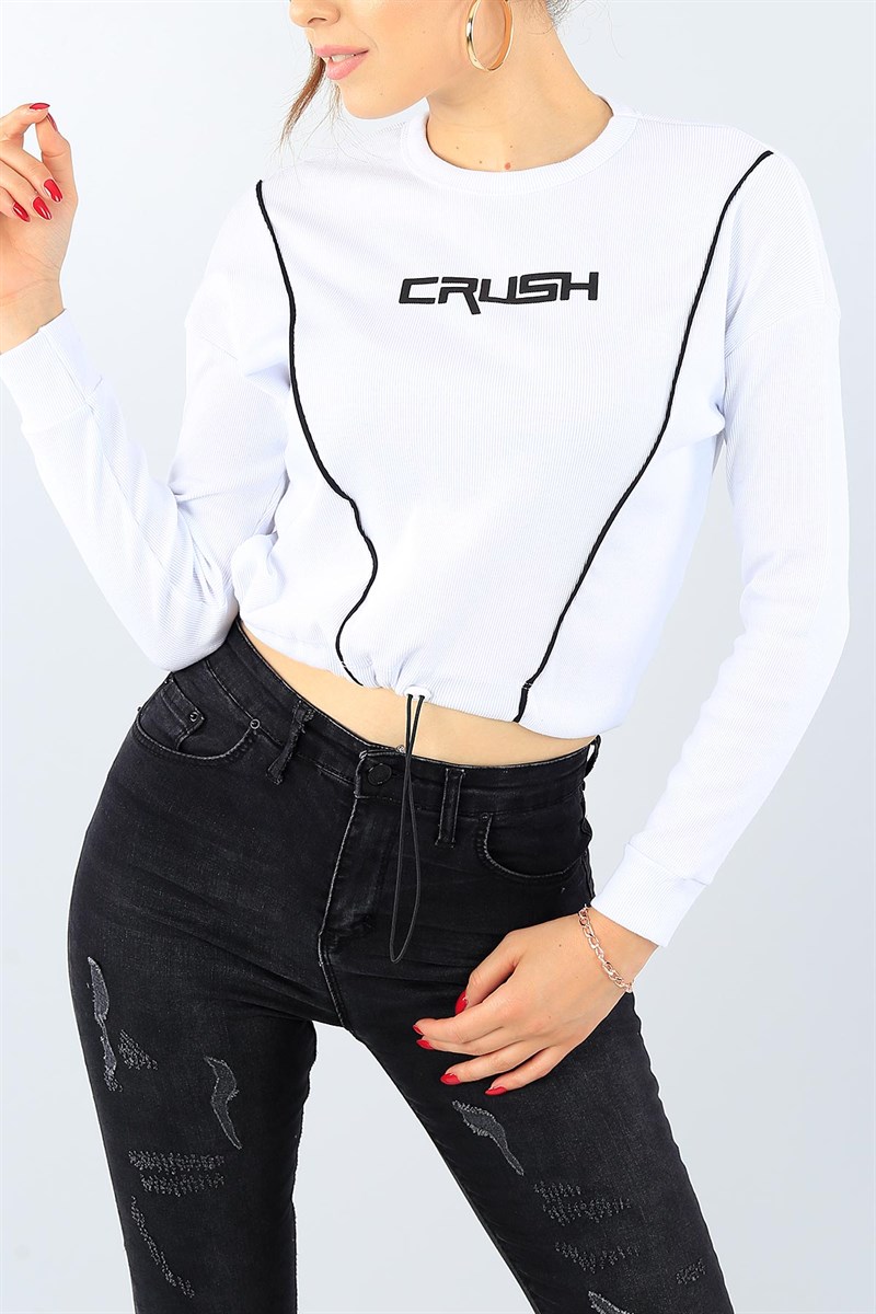 Beyaz Baskılı Beli Sıkmalı Bayan Sweat 39573
