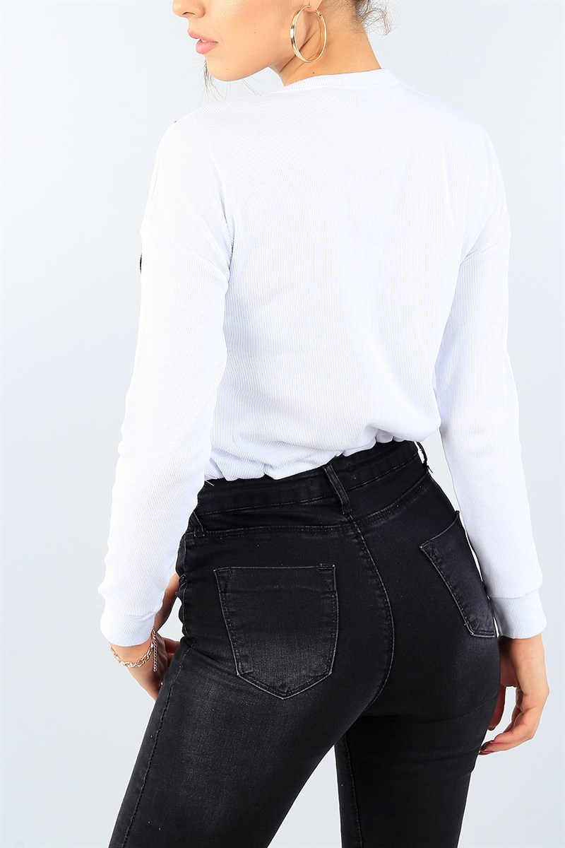 Beyaz Baskılı Beli Sıkmalı Bayan Sweat 39573