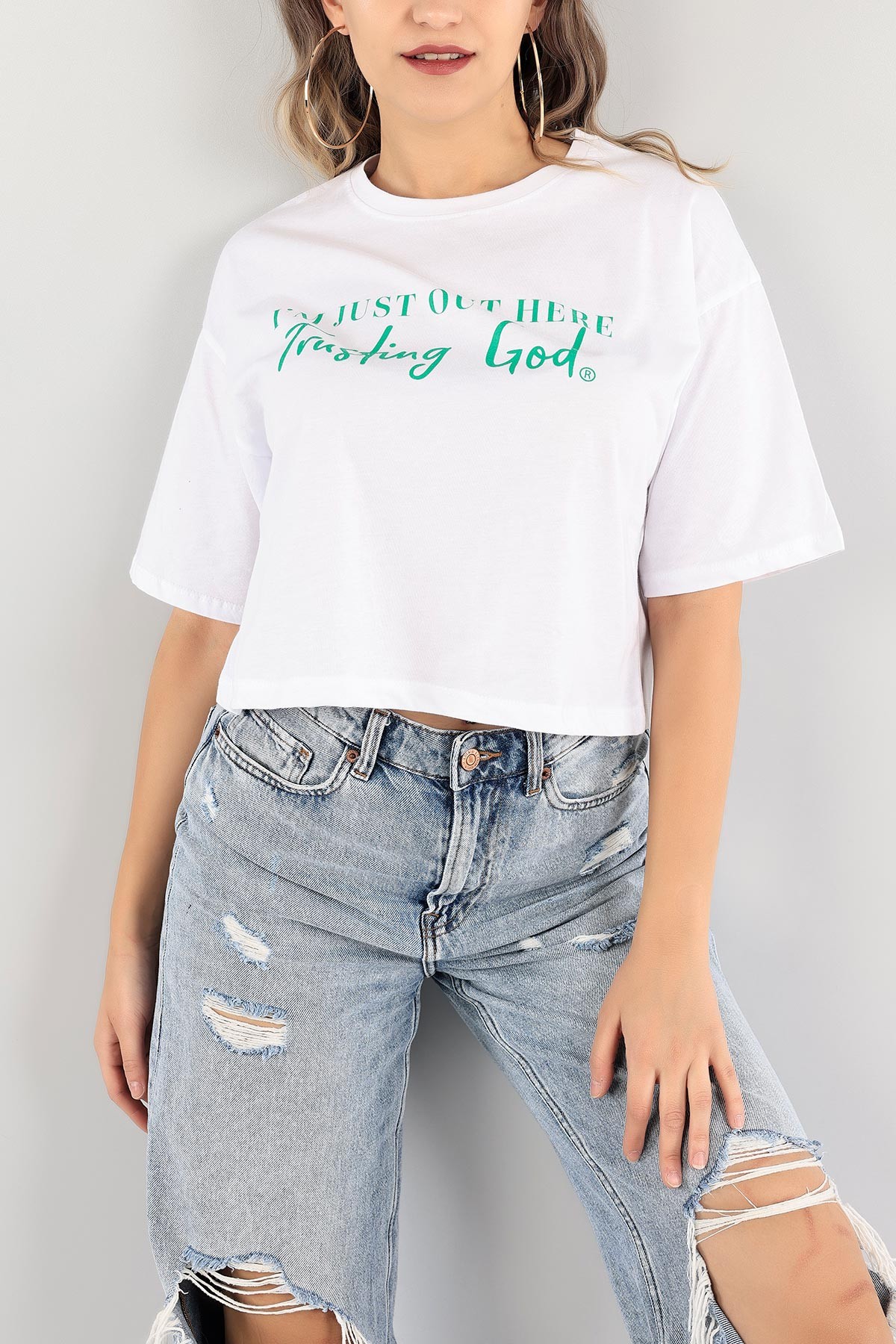 Beyaz Baskılı Crop Tişört 115295
