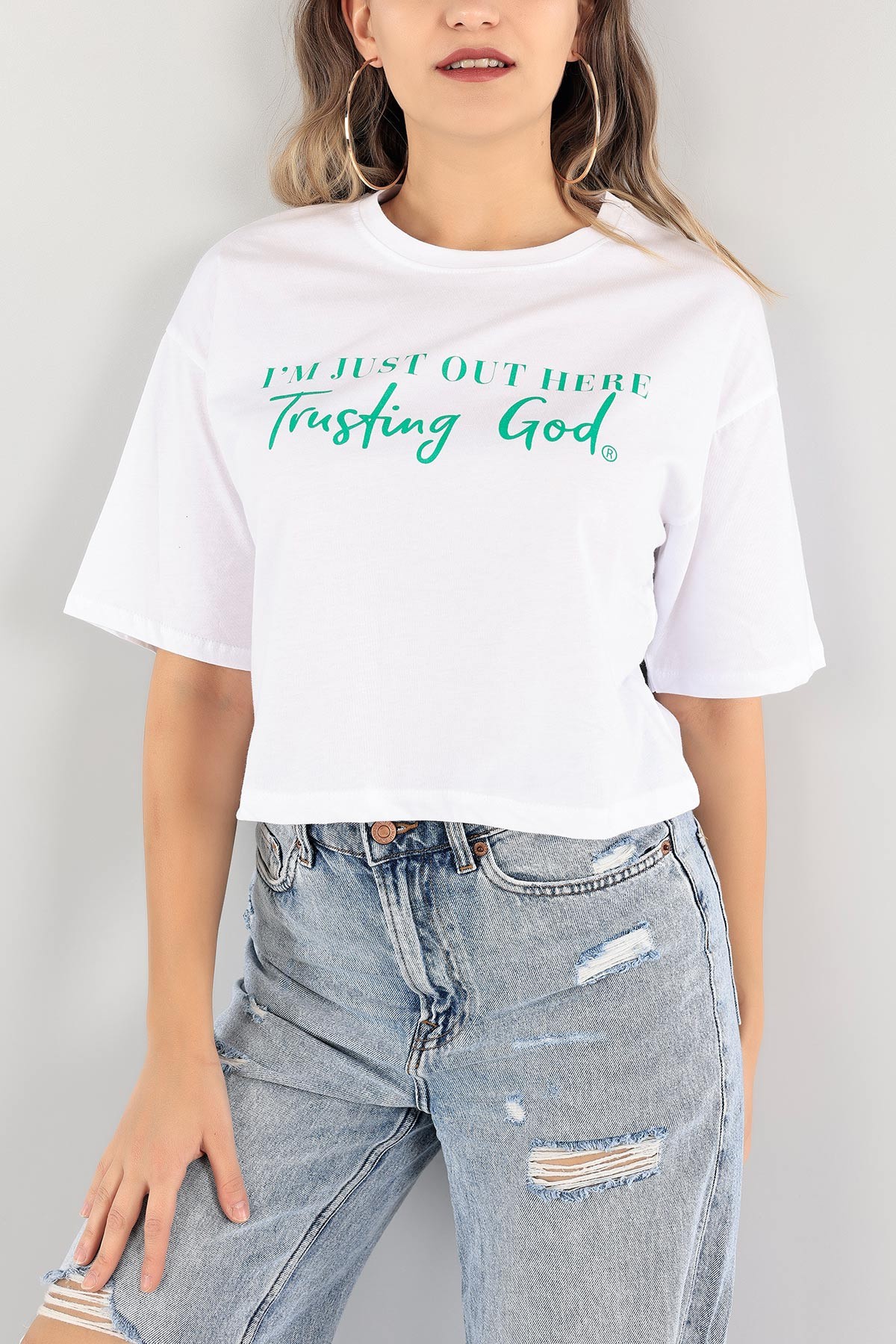 Beyaz Baskılı Crop Tişört 115295