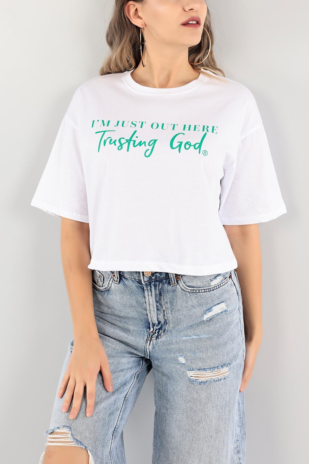 Beyaz Baskılı Crop Tişört 115295