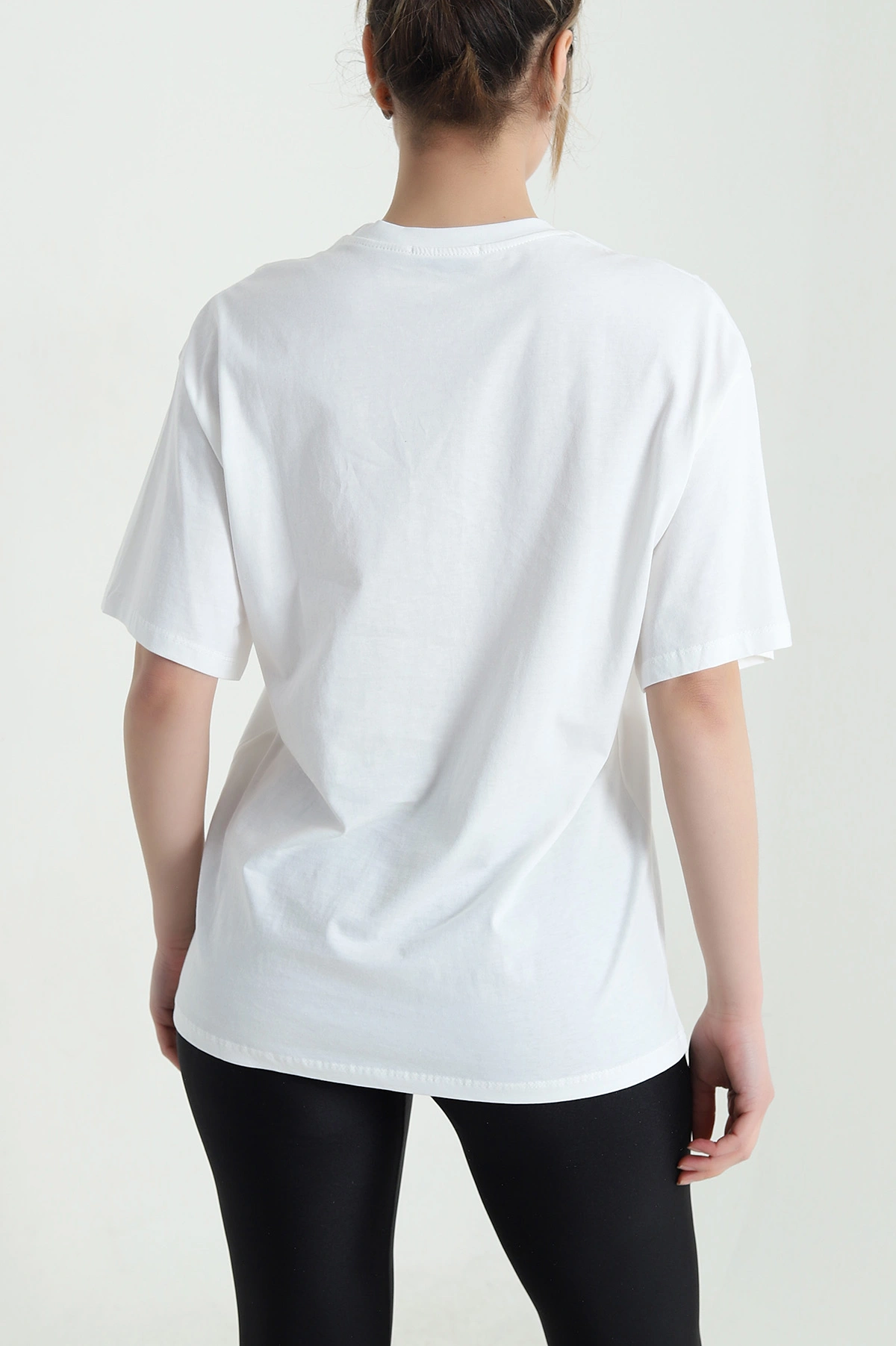 Beyaz Baskılı Dantelli Oversize Süprem Kadın Tişört 451175