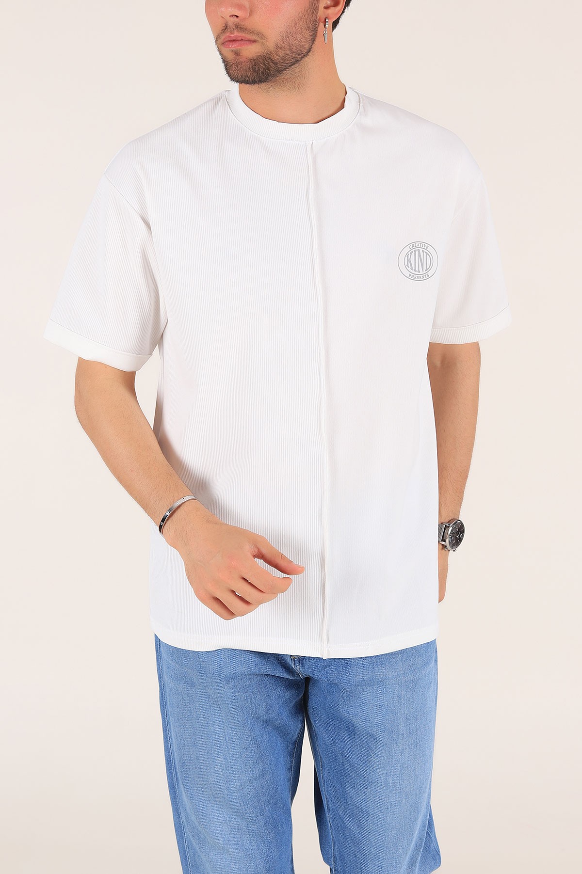 Beyaz Baskılı Fitilli Oversize Erkek Tişört 177470