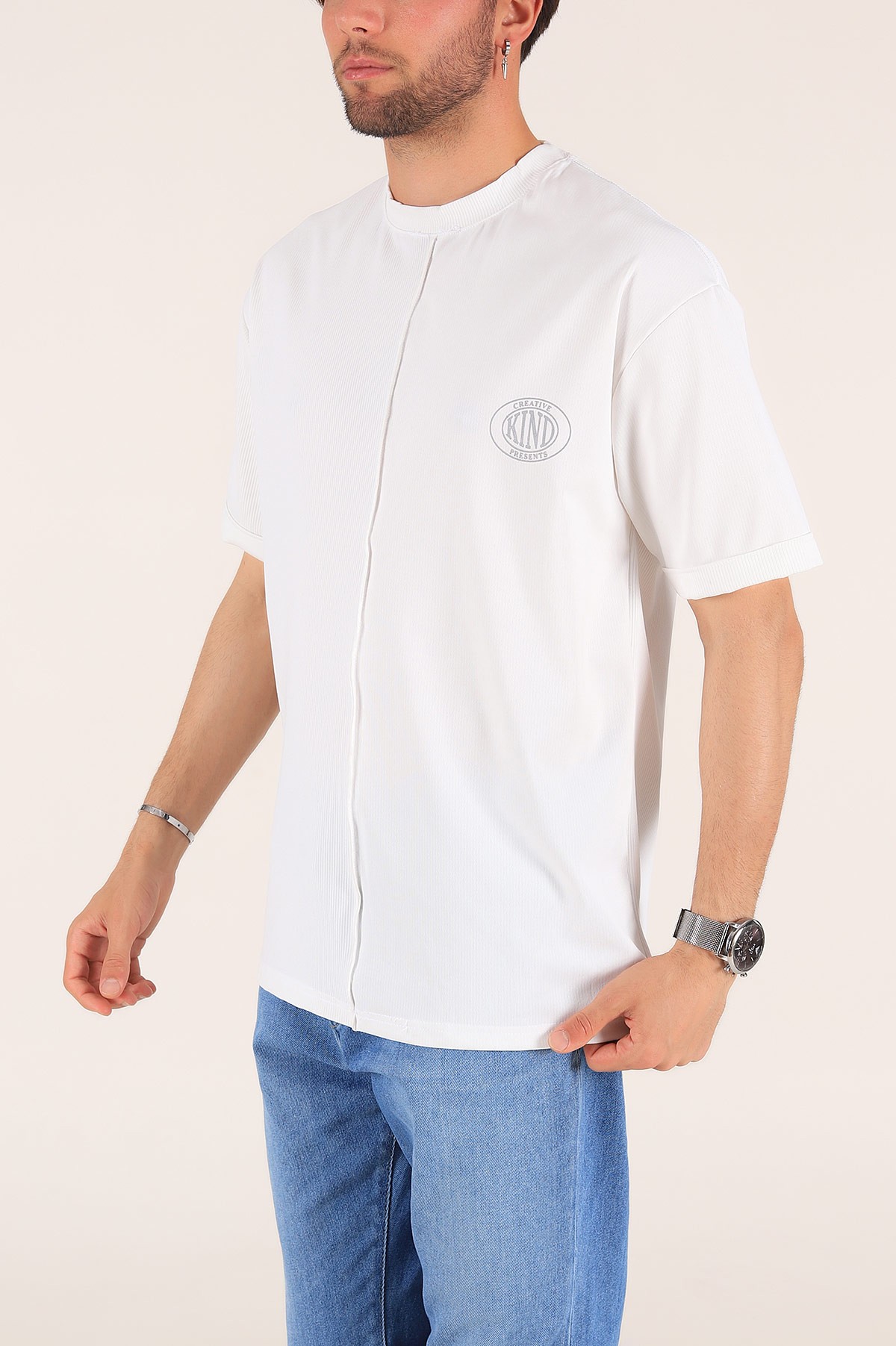Beyaz Baskılı Fitilli Oversize Erkek Tişört 177470