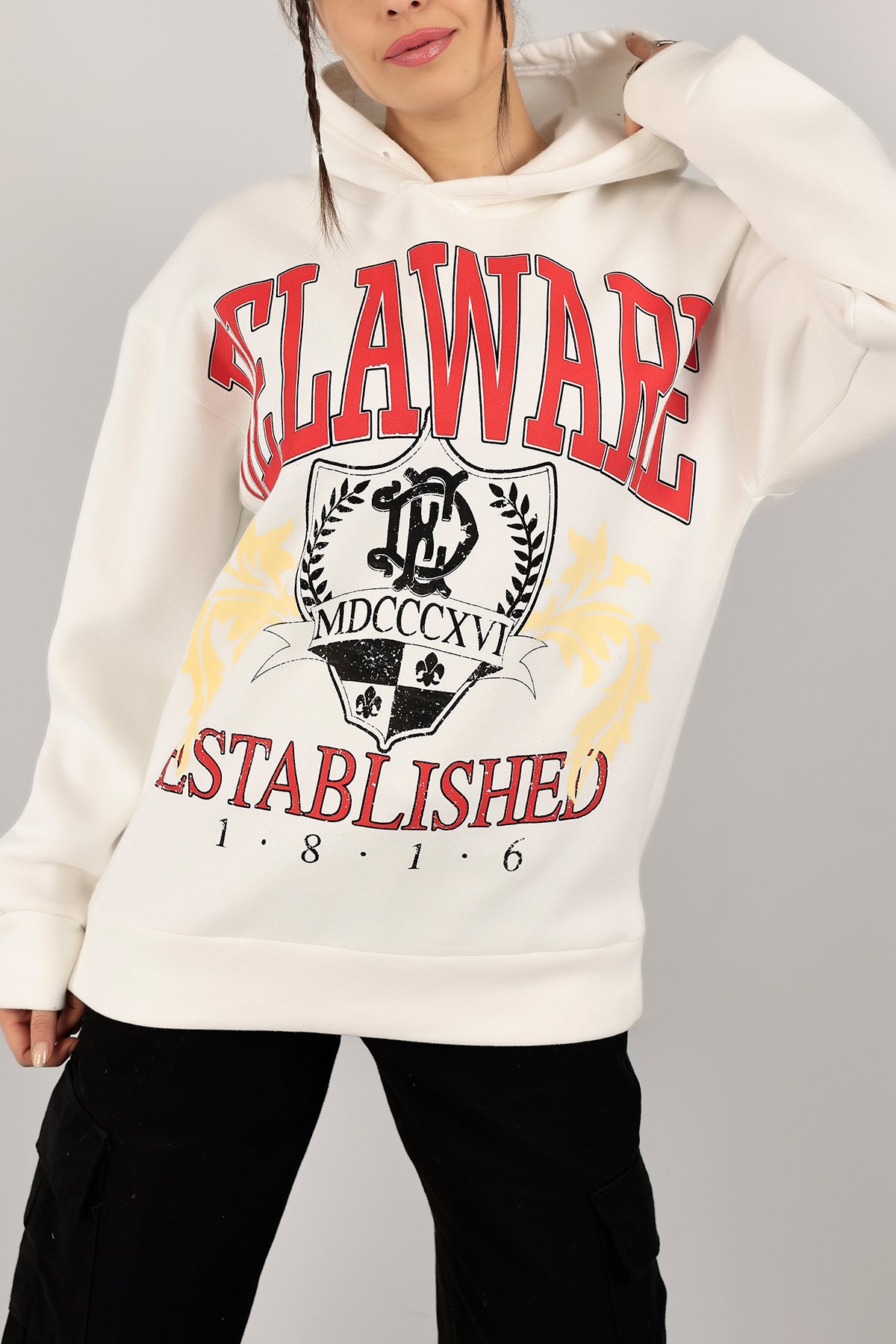 Beyaz Baskılı İçi Şardonlu Bayan Sweat 143148