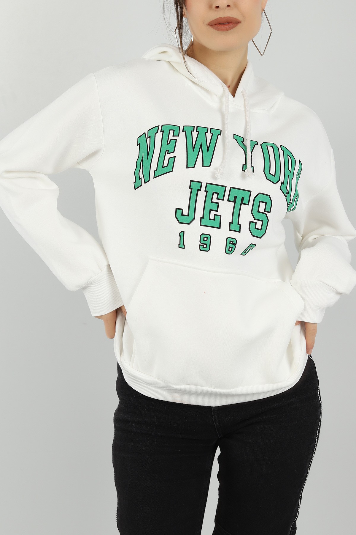 Beyaz Baskılı İçi Şardonlu Bayan Sweat 144718