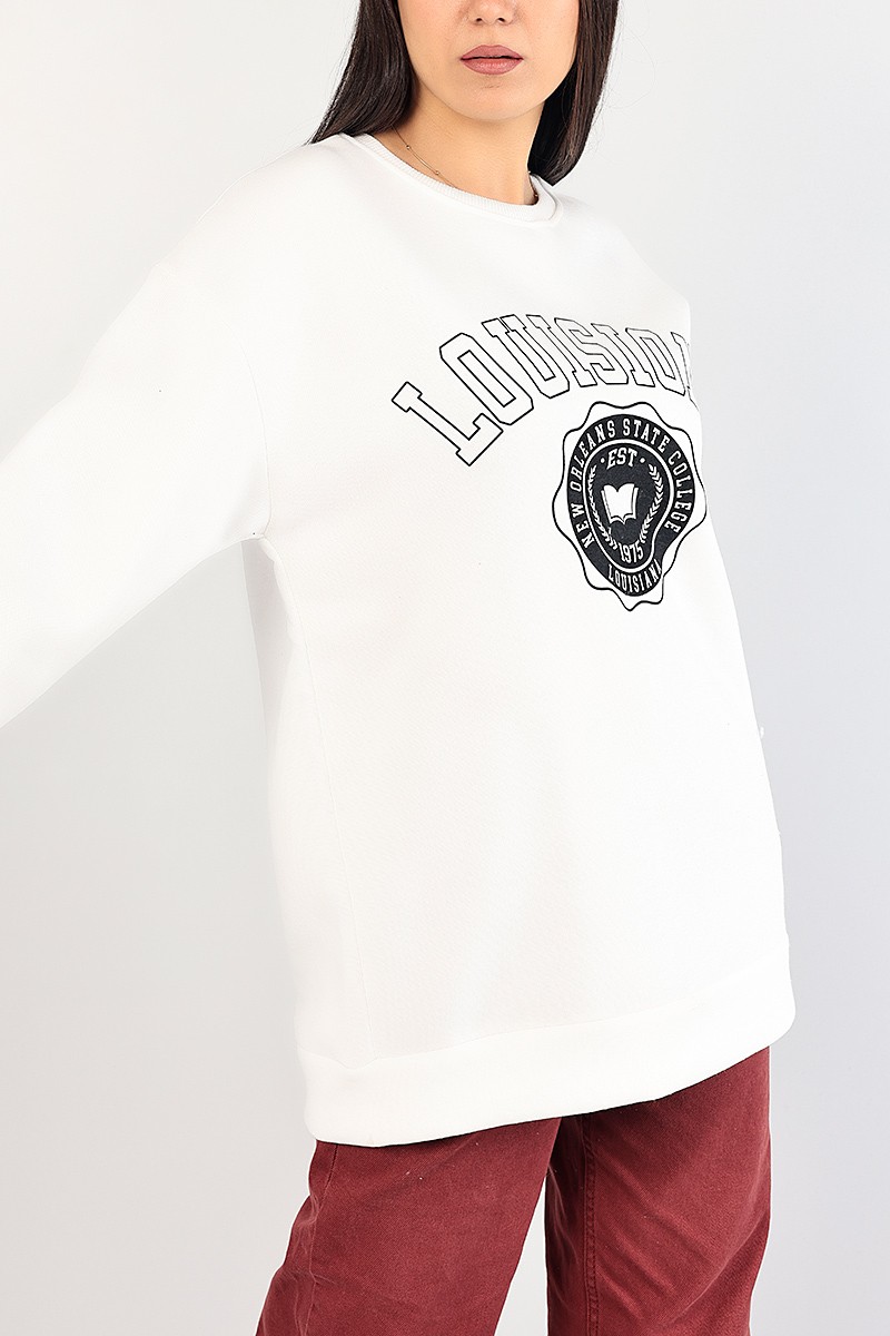 Beyaz Baskılı İçi Şardonlu Bayan Sweat 85014