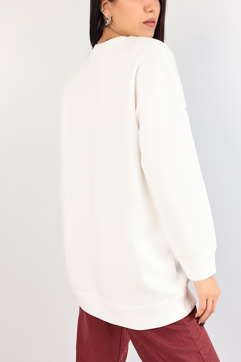 Beyaz Baskılı İçi Şardonlu Bayan Sweat 85014