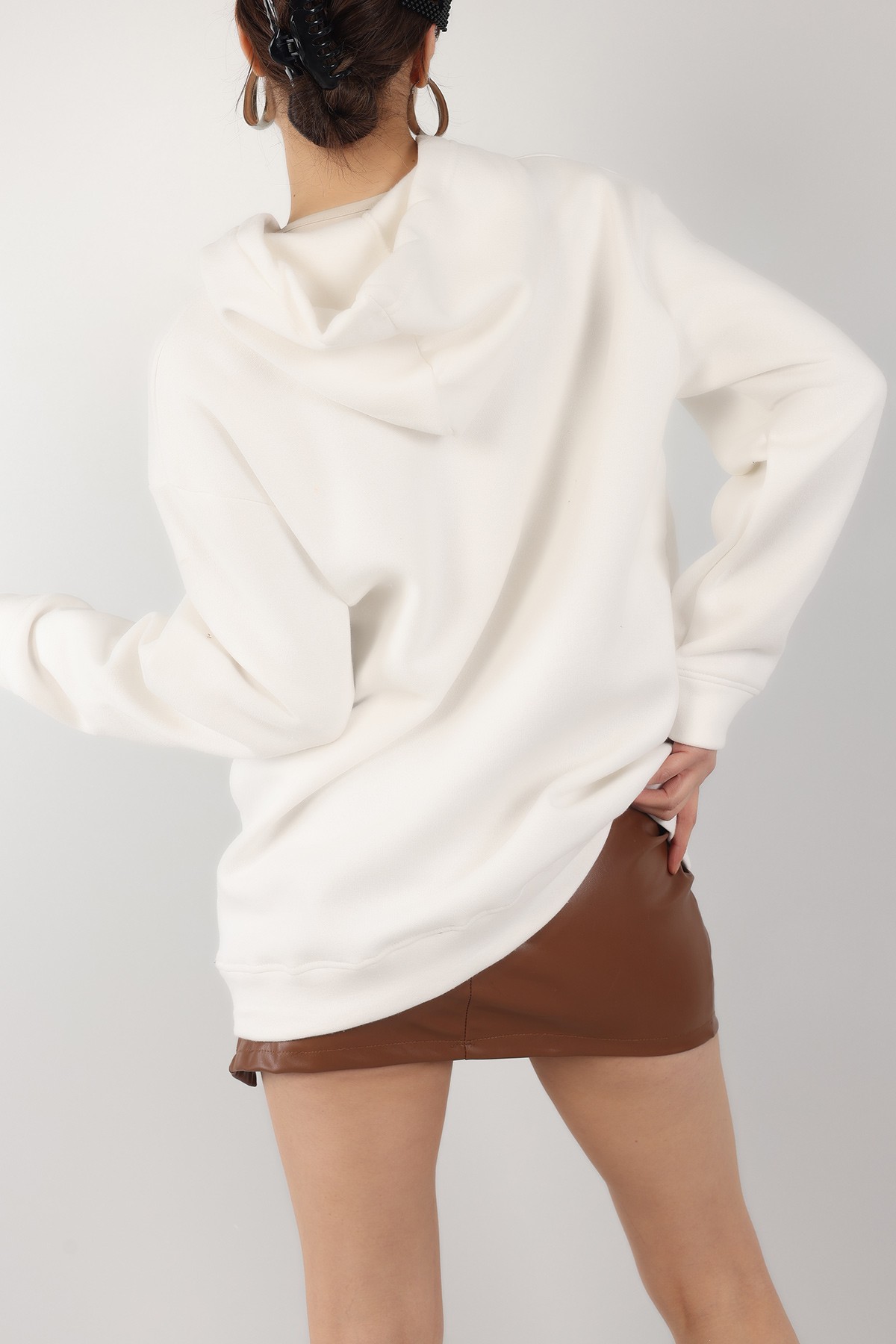 Beyaz Baskılı İçi Şardonlu Bayan Sweat -T 149384