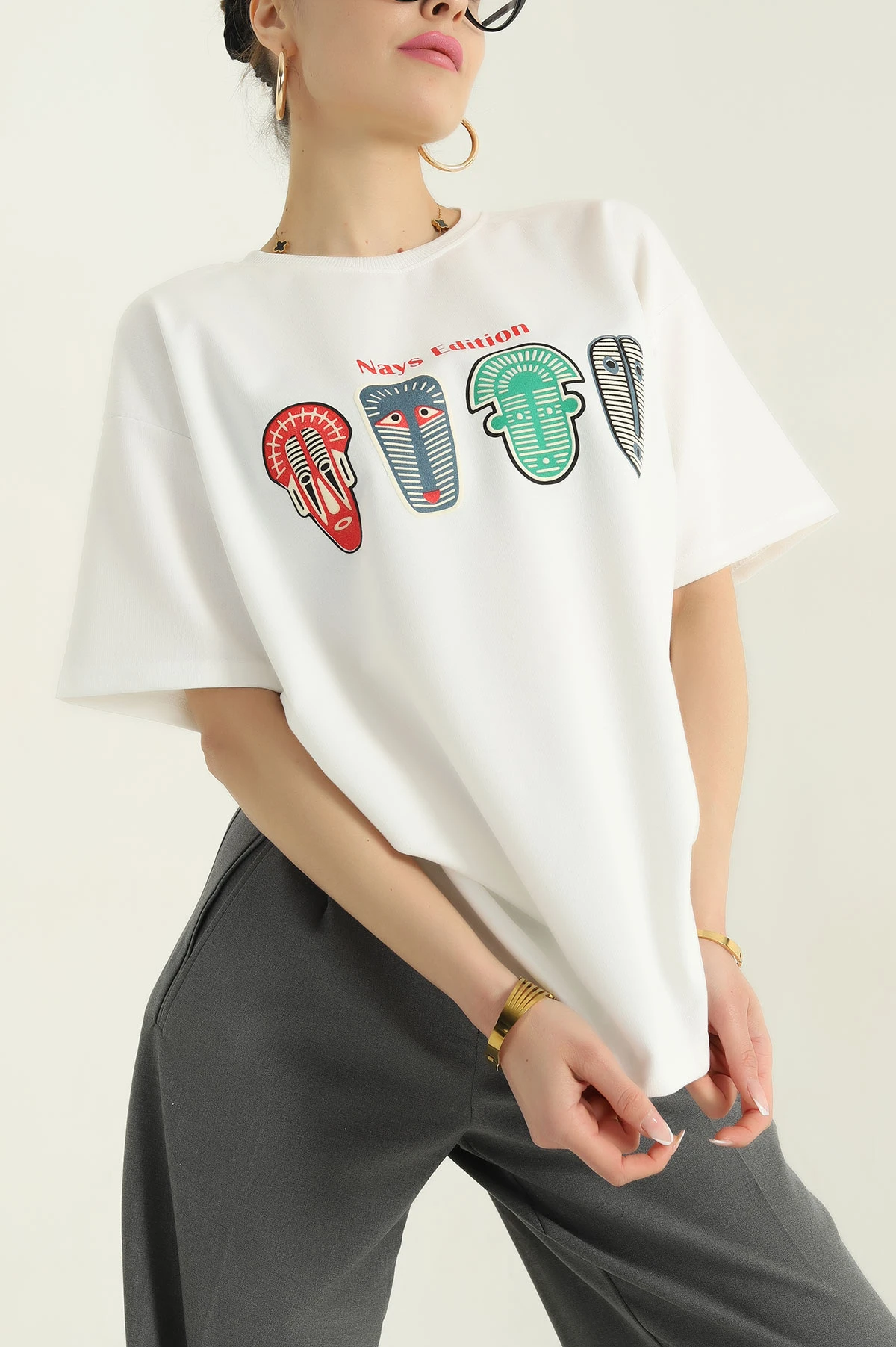 Beyaz Baskılı İki İp Kadın Oversize Tişört 356686