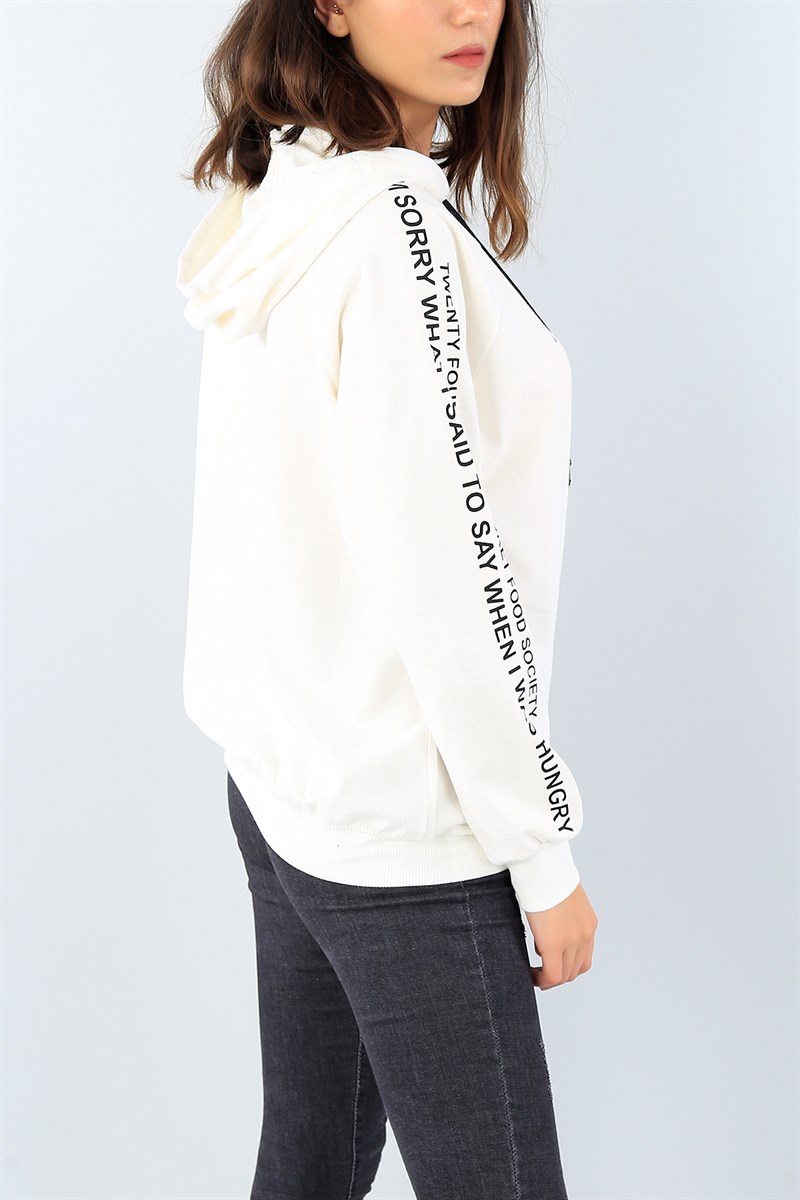 Beyaz Baskılı Kapüşonlu Bayan Sweat 39231