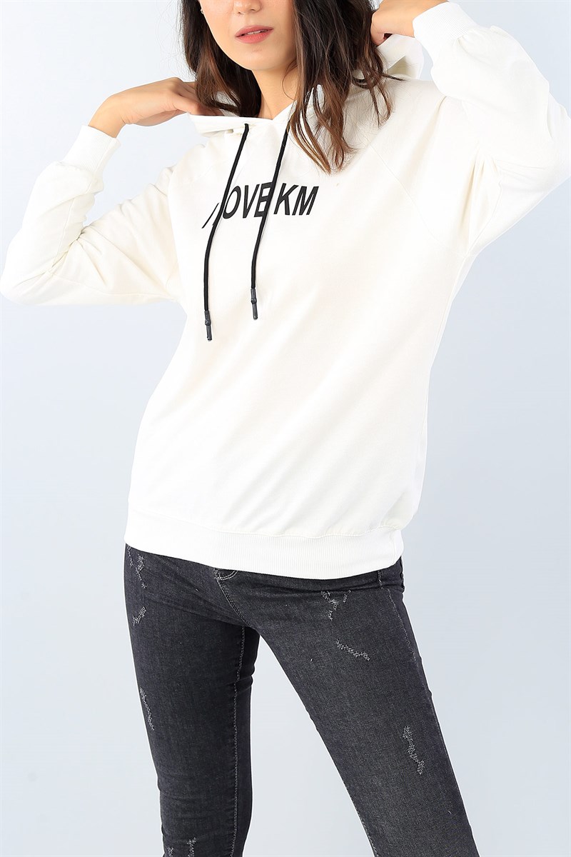 Beyaz Baskılı Kapüşonlu Bayan Sweat 39231