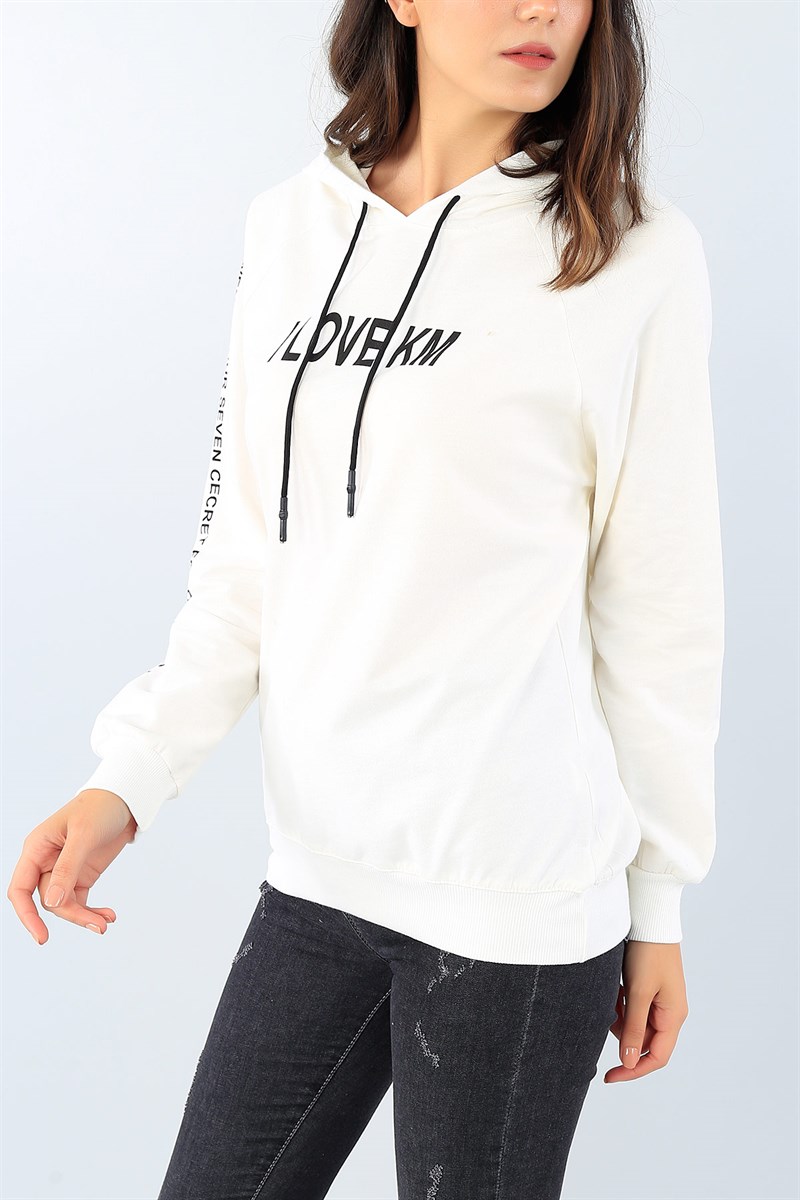 Beyaz Baskılı Kapüşonlu Bayan Sweat 39231