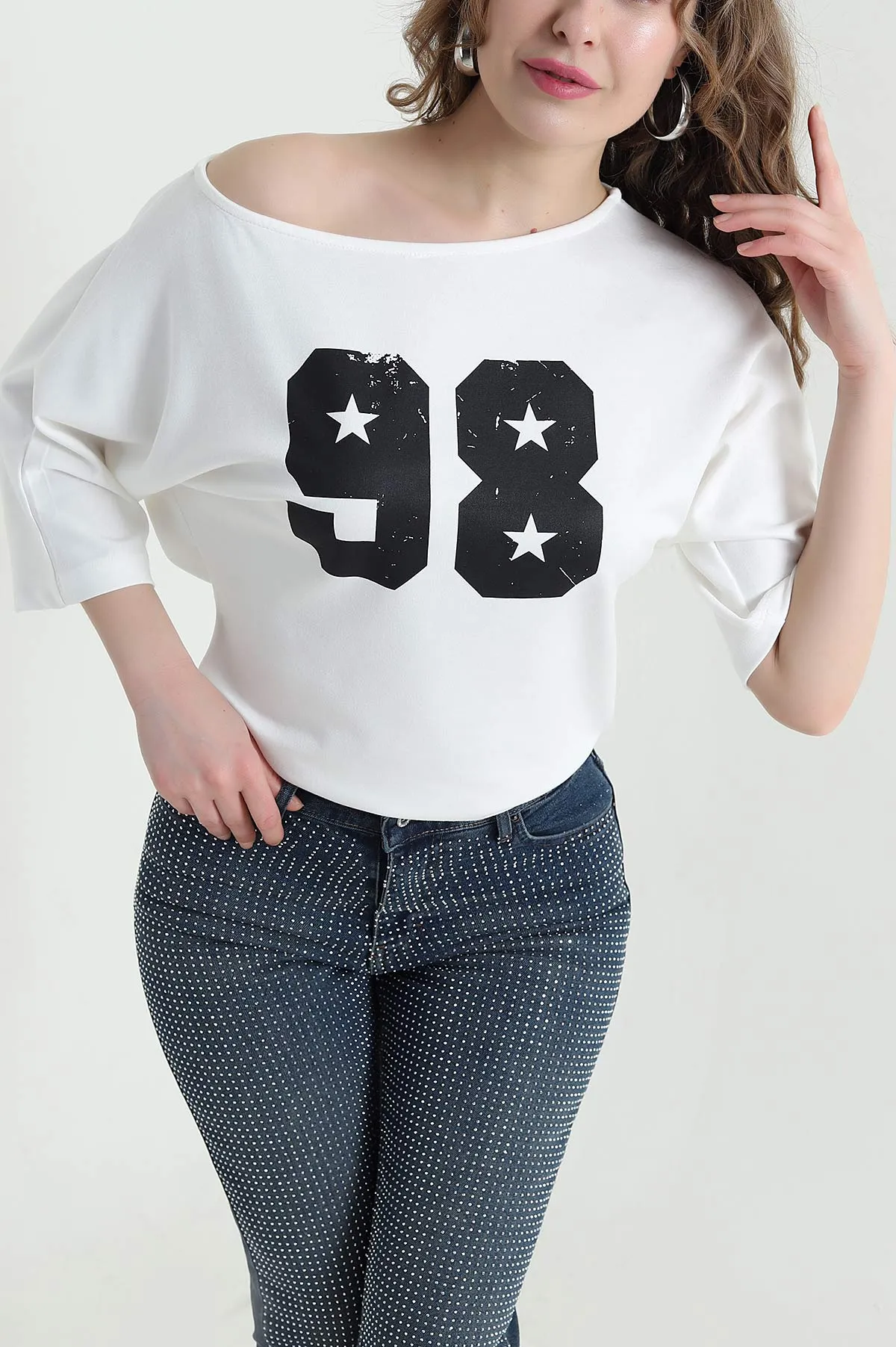 Beyaz Baskılı Kayık Yaka Oysho Kadın Tişört 445718