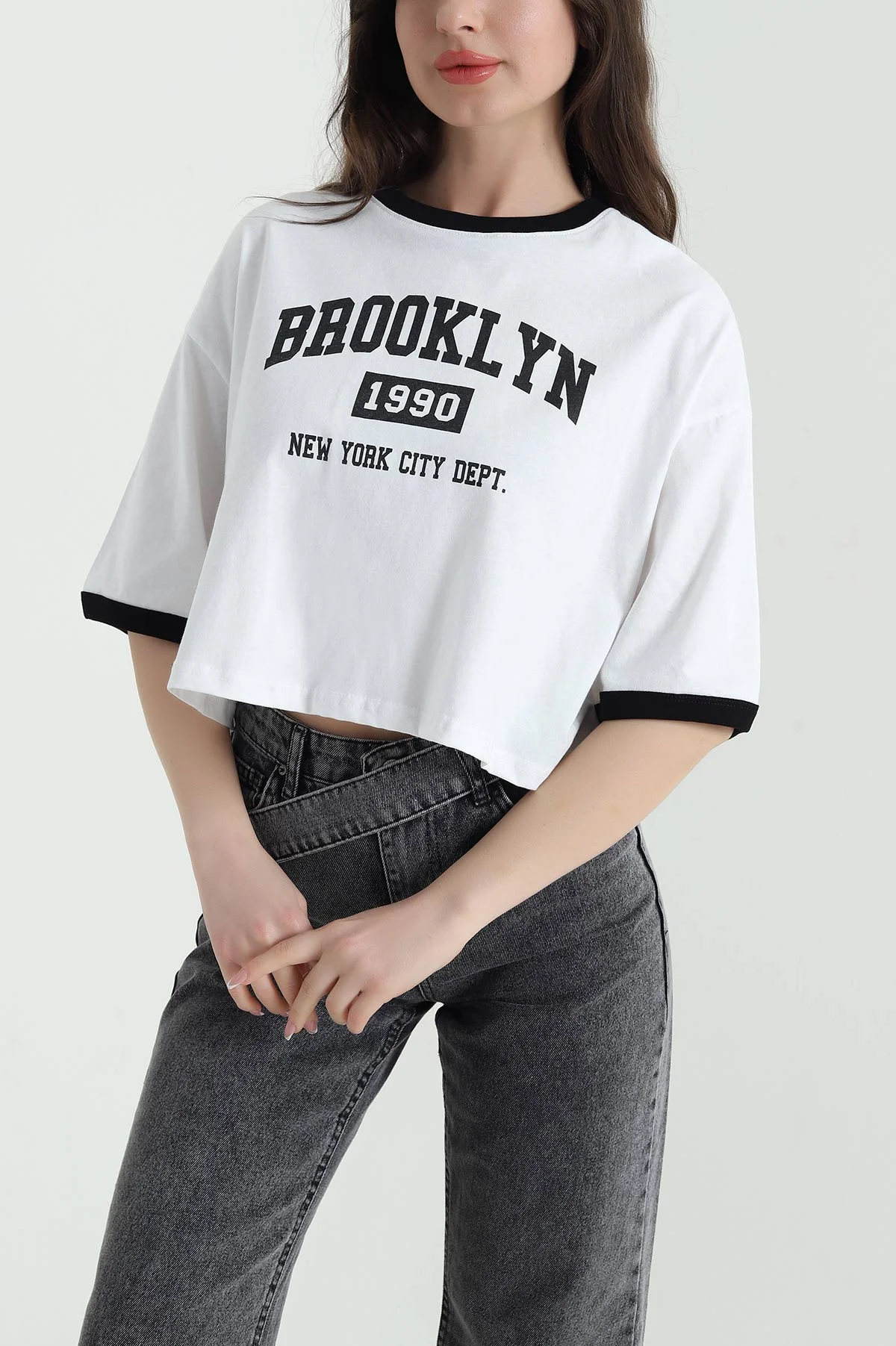Beyaz Baskılı Kompak Kadın Crop 455154