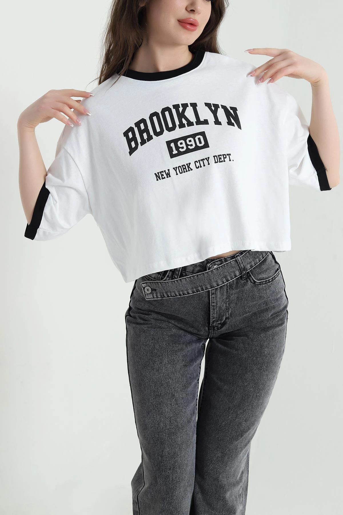 Beyaz Baskılı Kompak Kadın Crop 455154
