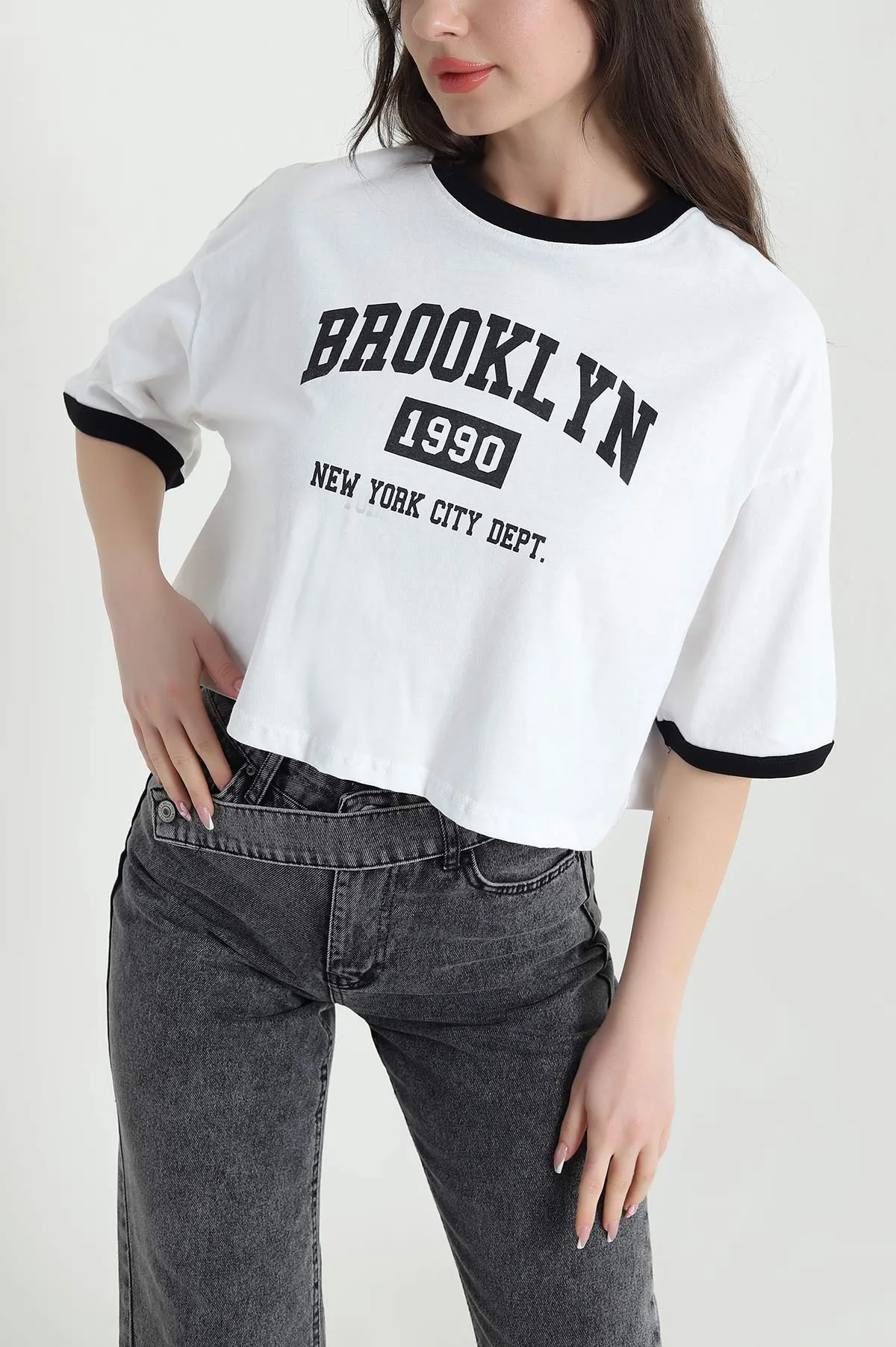 Beyaz Baskılı Kompak Kadın Crop 455154