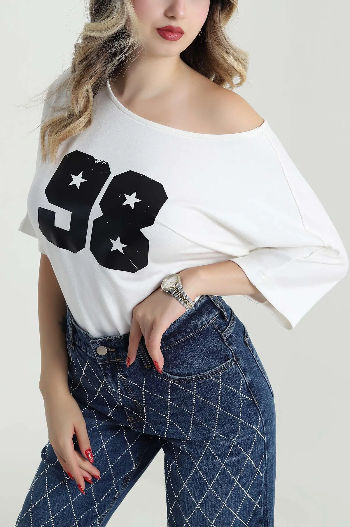 Beyaz Baskılı Kristal Kadın Bluz 482075